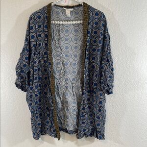 H&M Kimono Boho Blue Geometric Pattern Open Front Flowy Lightweight Size Large